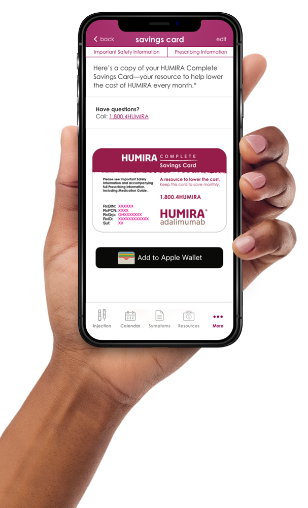 Hand holding a phone with the HUMIRA Complete app open