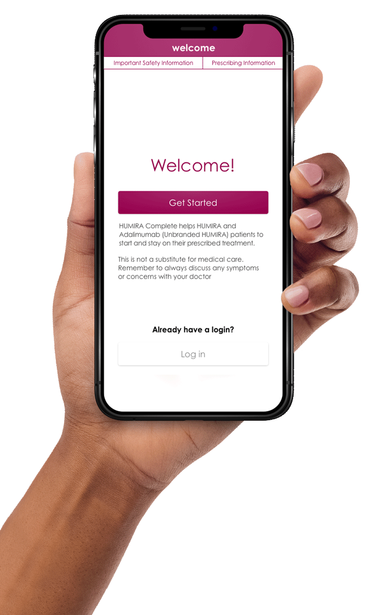 Hand holding a phone with the HUMIRA Complete app open